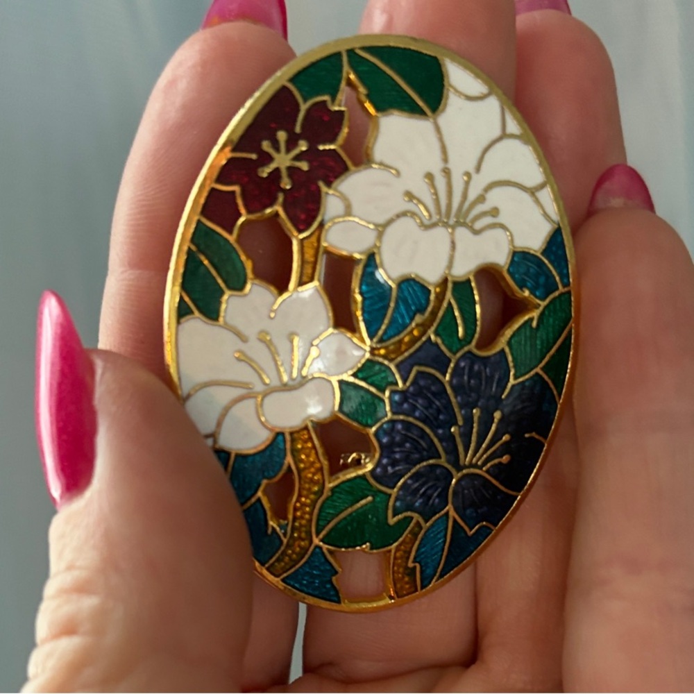 Cloisonné Floral Enamel Brooch with Gold Accents